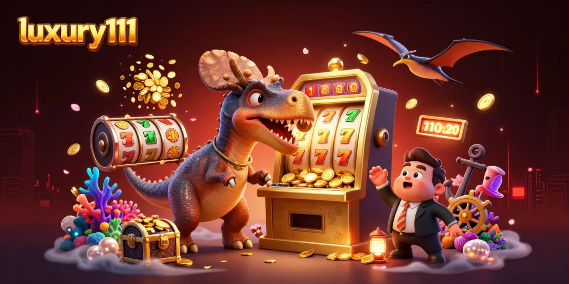 Catch the jackpot with luxury111 as a pachycephalosaurus triggers coins from a golden slot machine.
