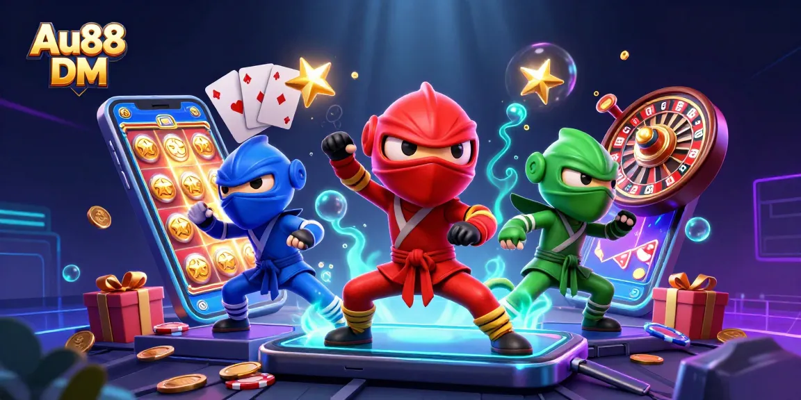 Experience thrilling casino action with Au88 DM as ninja chameleons showcase martial arts amidst vibrant gaming elements.
