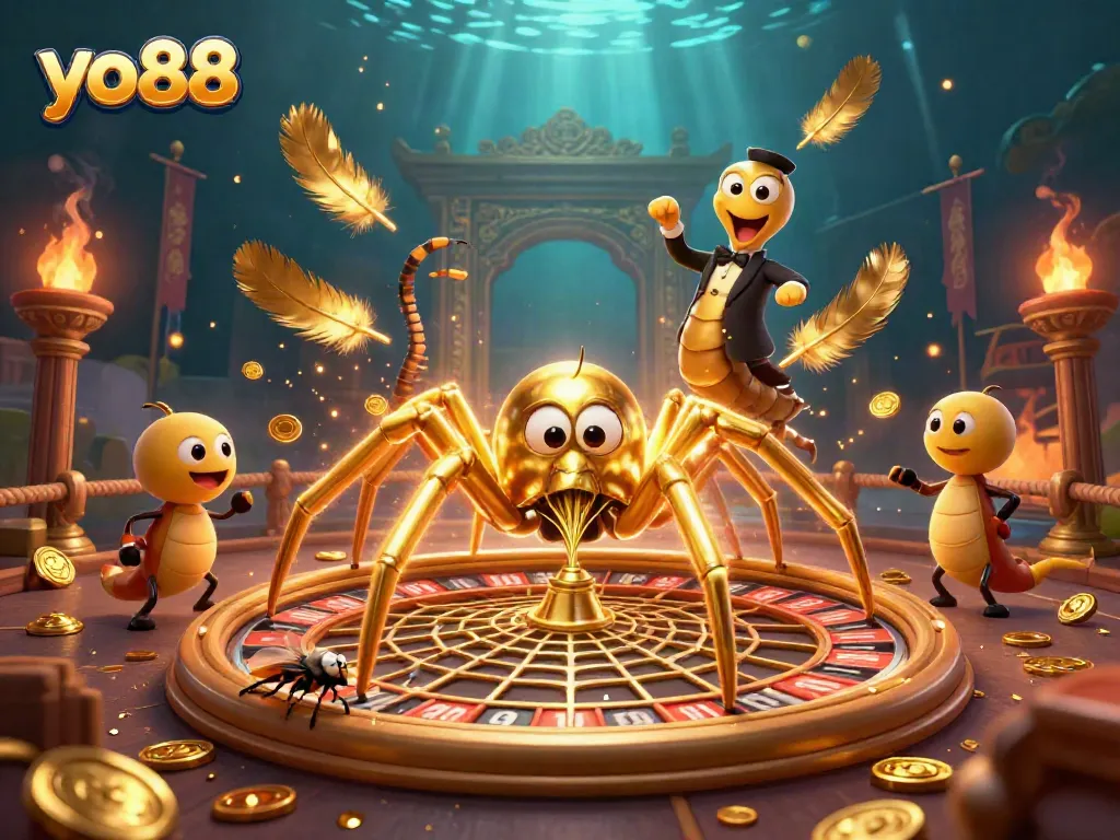 Join the thrilling action at yo88 as a fly nervously places bets on a roulette wheel web!