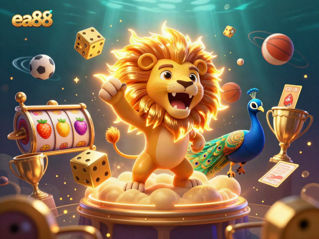 Engage with ea88 as a dynamic sun lion roars on a winning platform, surrounded by vibrant casino elements.