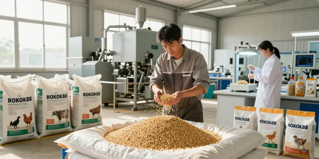 Quality ROKOK88 animal feed production process showcasing grains and feed mixtures