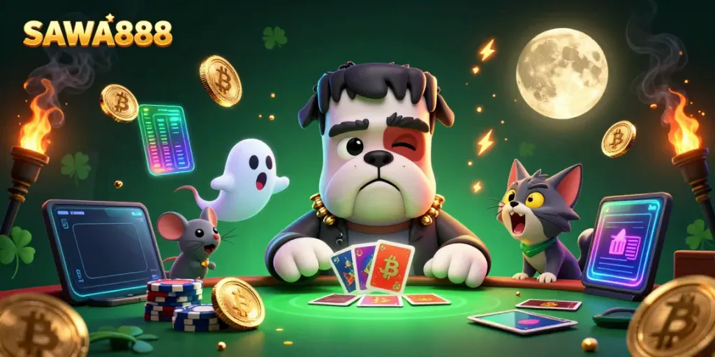 Play SAWA888 with a mystical scene featuring unique characters and glowing crypto elements.