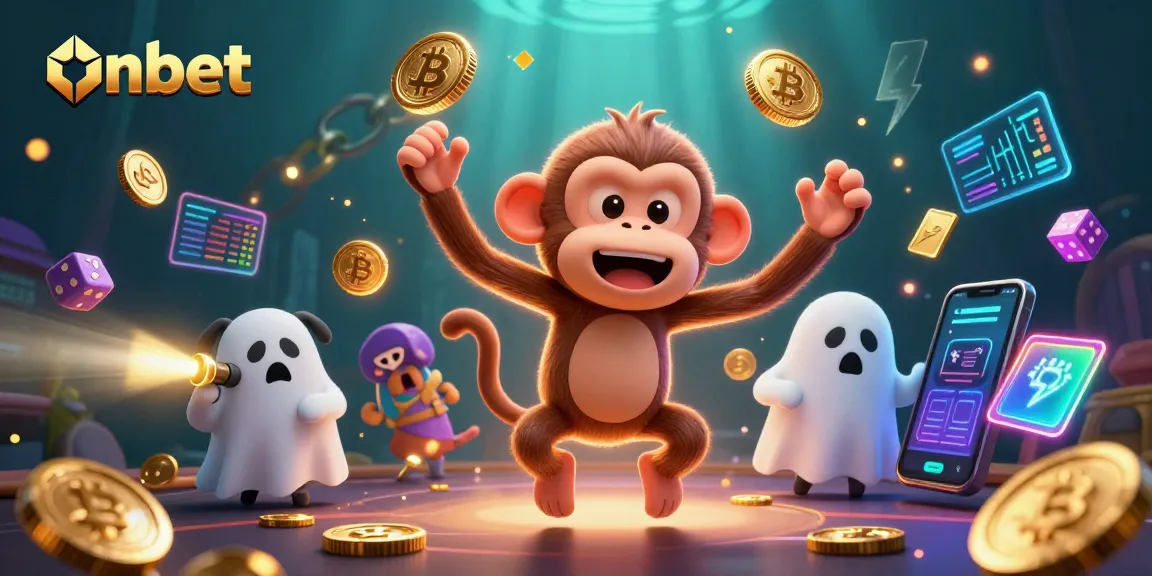 Experience onbet in a dynamic casino scene with engaging characters and vibrant crypto elements.