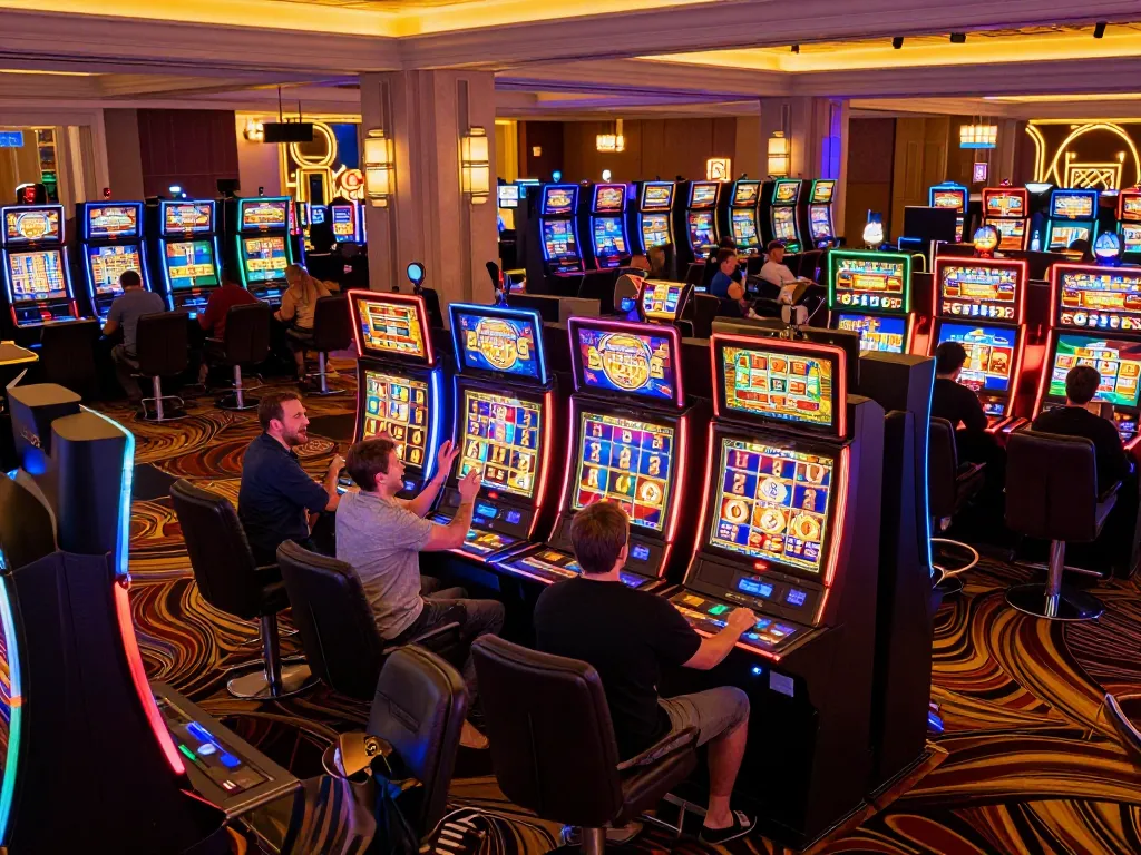 MAY88 players celebrating a big win at a dynamic casino slot machine, colorful lights and joyful atmosphere.