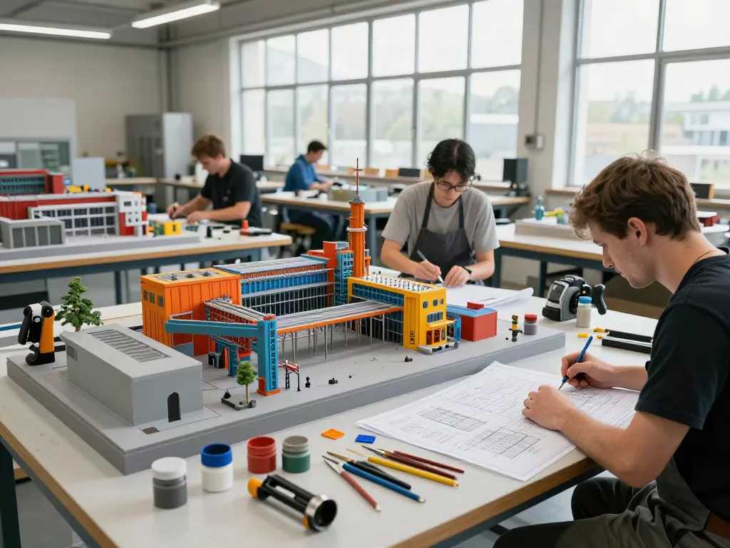 Industriemodellbau: Detailreiche Handwerker bei der Arbeit an großen Modellen.