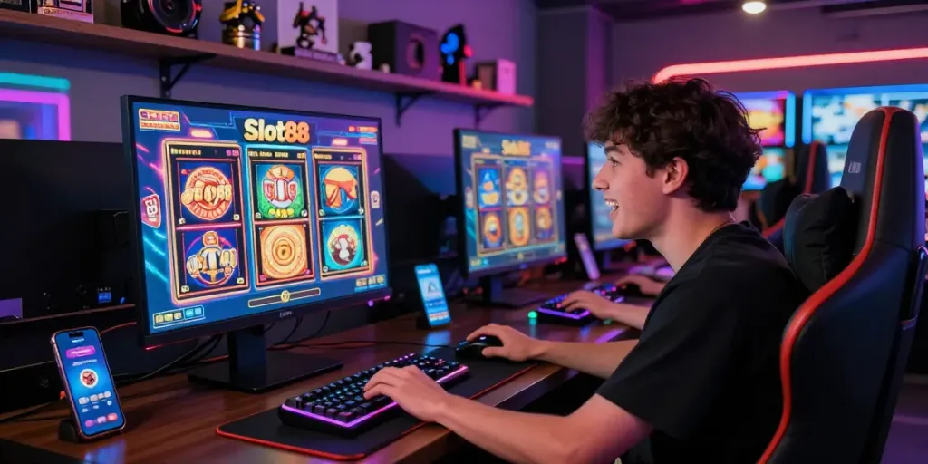 Excited player enjoying situs gacor Slot88 gaming experience with high-tech setup and vibrant atmosphere.