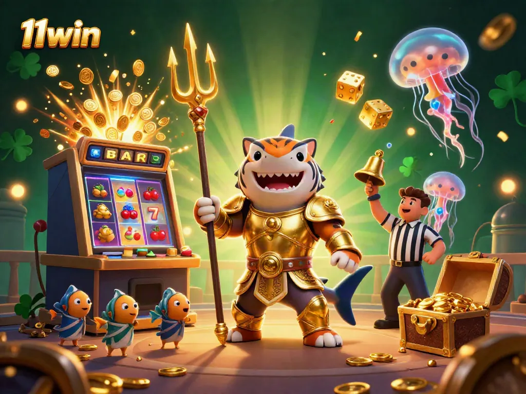 11win captures the excitement of casino games with a shark gladiator in an explosive jackpot scene.