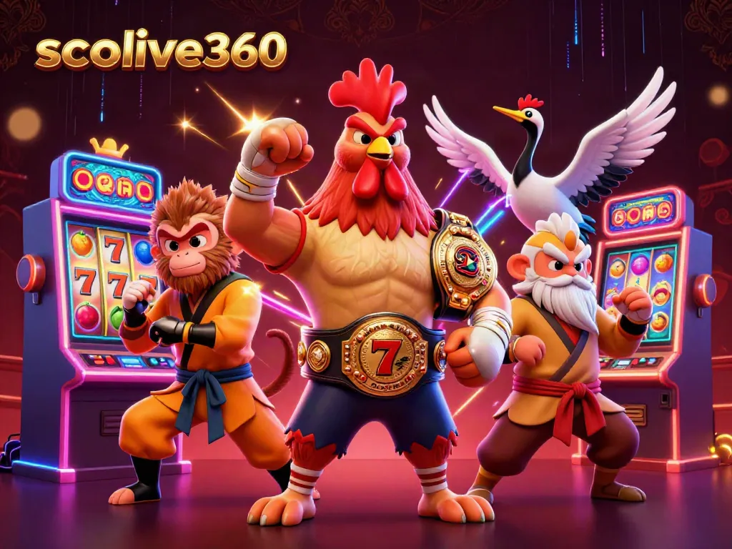 socolive360 showcases Muay Thai rooster, Shaolin monkey, and crane master amidst colorful slot machines in a vibrant casino scene