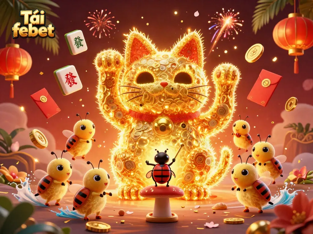 Tải febet as floating symbols and characters come alive in a vibrant casino-themed 3D illustration.