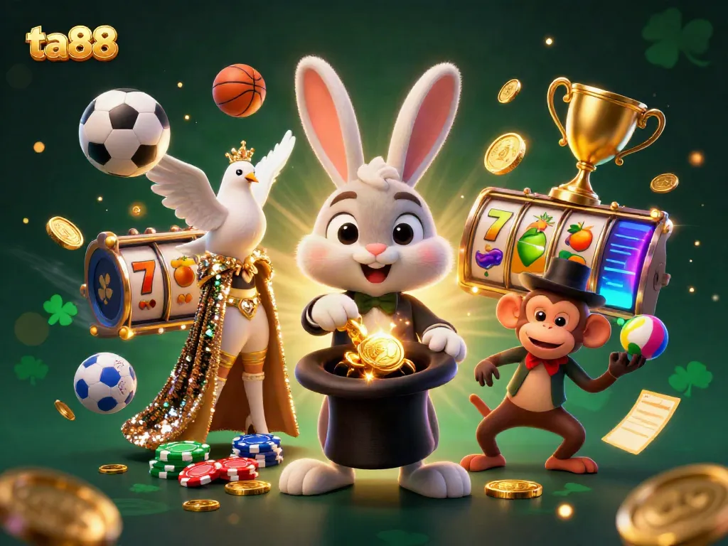 Engage with the ta88 gaming world featuring a magician rabbit pulling coins, with vibrant slot elements.