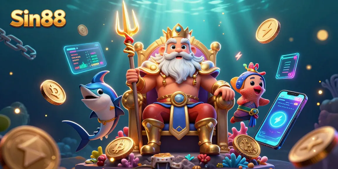 Experience thrilling gaming at Sin88 with Neptune and treasures of the sea in this vibrant scene.