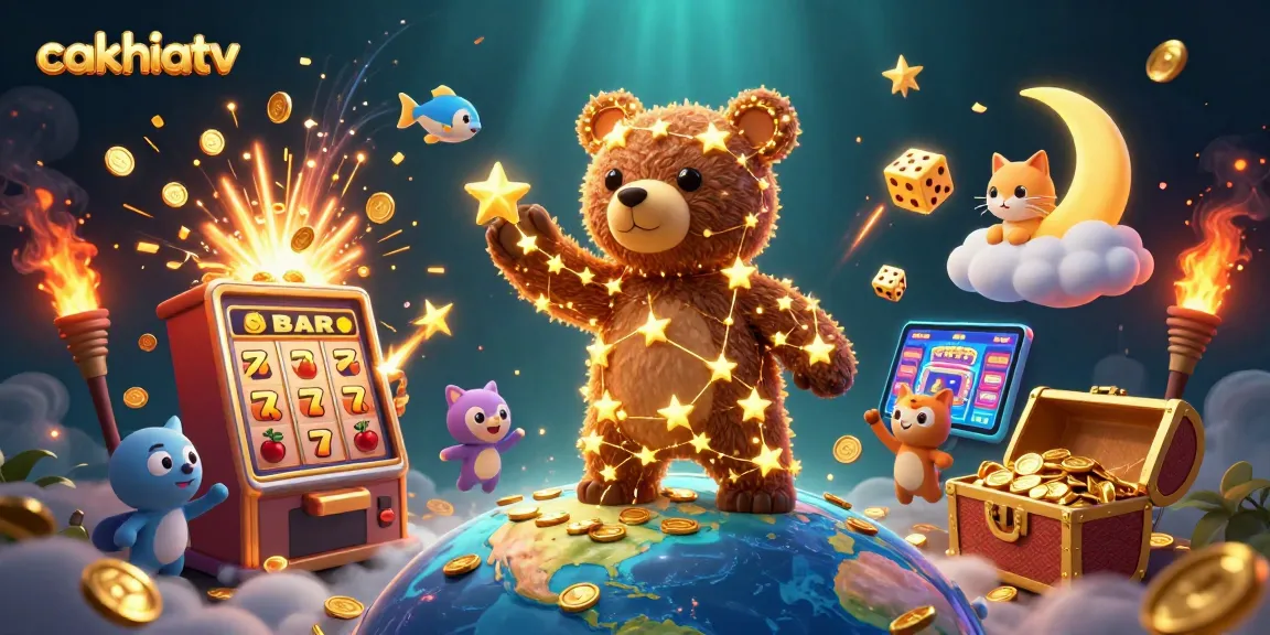 Experience the thrill at cakhiatv with a golden constellation bear celebrating jackpots in a vibrant casino scene.