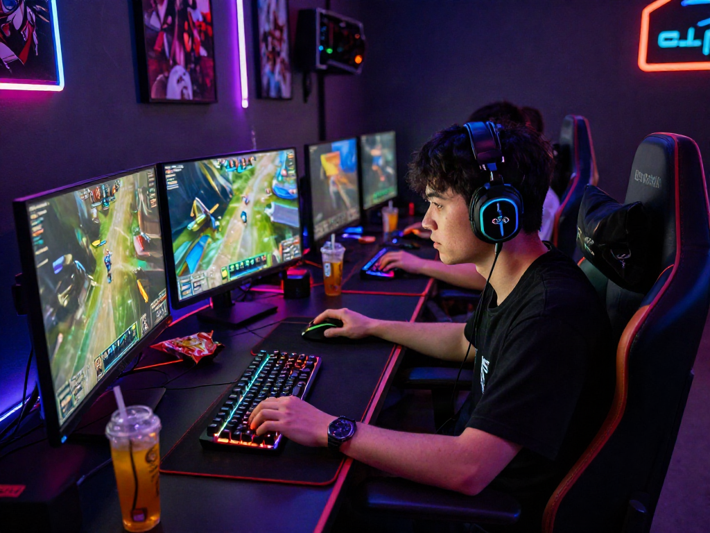 Intense online gaming moment with professional gamer focused on rokok88 link during a match, featuring RGB monitors and vivid graphics.