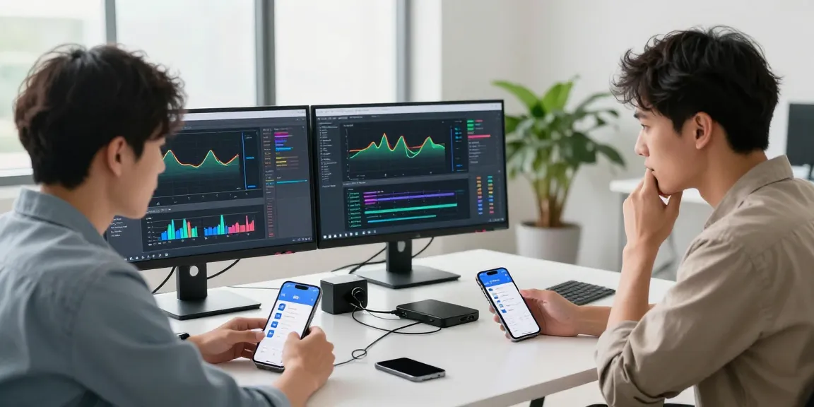 爱思助手技术支持场景，技术员在明亮的办公室中为用户排查iPhone问题，桌上有工具和设备。