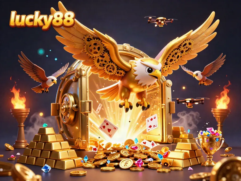 Experience the exhilarating lucky88 casino world with a cybernetic eagle darting through vibrant holographic elements and treasure.