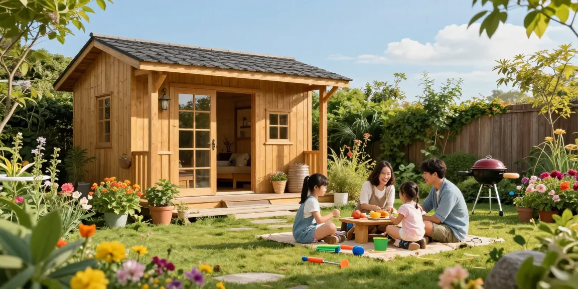 Gemütliches Gartenhaus umgeben von bunten Blumen und einer Familie beim Gartenarbeiten.