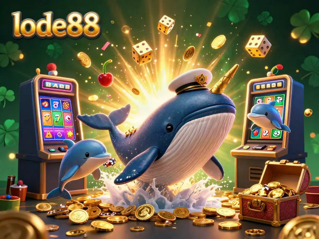 Engage with lode88's thrilling digital casino world, exploring a vibrant 3D whale and sea creatures amidst jackpot excitement.