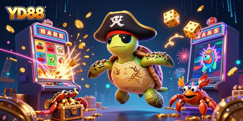 Engaging 3D illustration of a vibrant YD88 online casino scene with colorful characters and dynamic game elements.