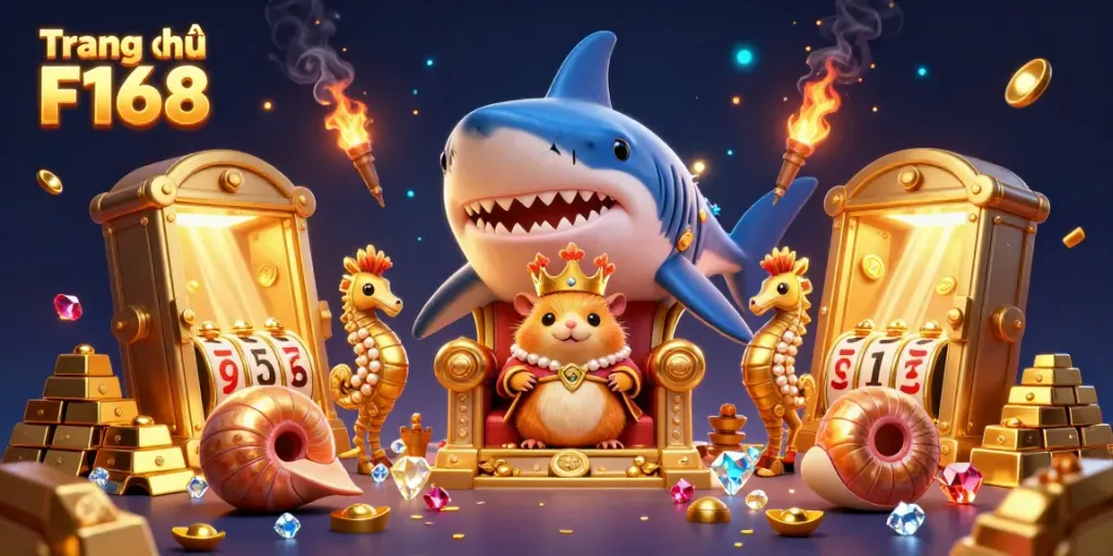 Engage with Trang chủ F168's vibrant 3D casino world where a golden hamster king rules over treasure surrounded by slot reels and majestic sea creatures.