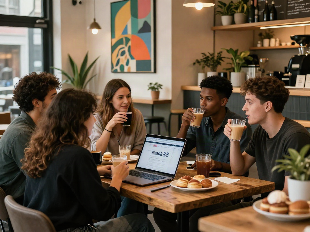 Friends enjoying coffee at a cozy café while discussing the rokok88 link amidst a vibrant atmosphere.