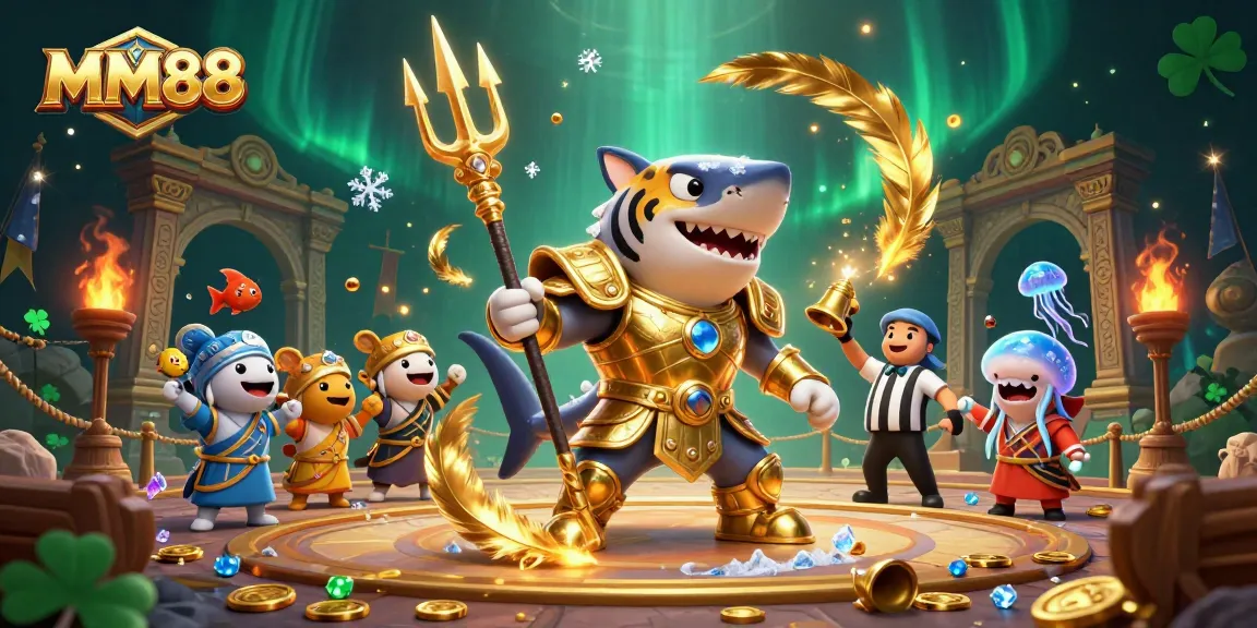 Experience exciting gameplay at MM88 with vibrant underwater casino scene featuring a shark gladiator.