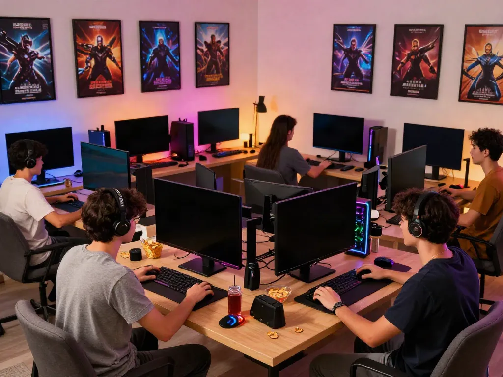 ku88 gaming session with friends surrounded by colorful LED lights and modern tech.