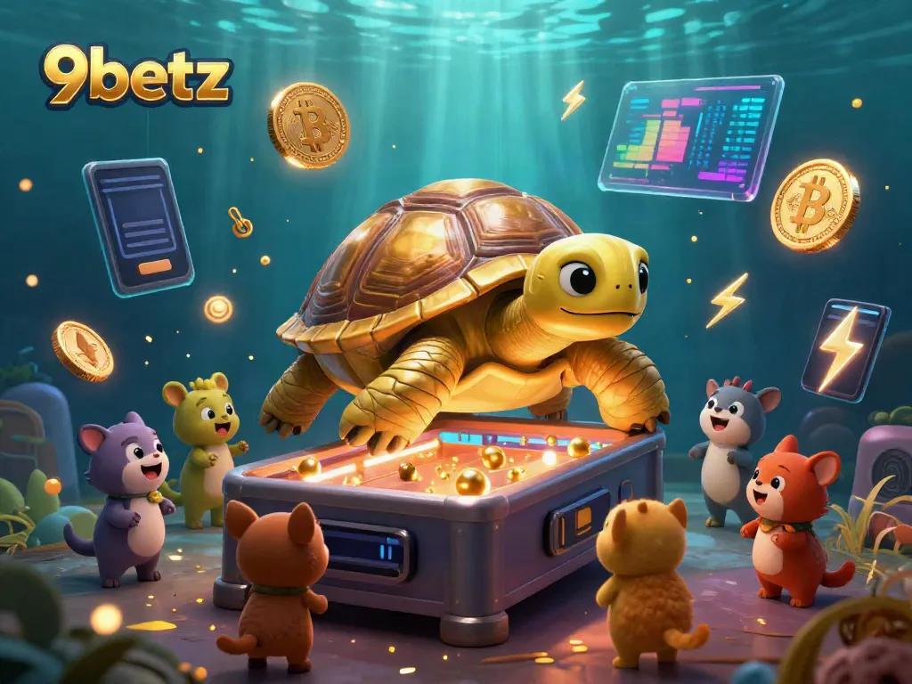 Players engage with the colossal golden tortoise pinball machine at 9betz casino, surrounded by vibrant crypto-themed elements.