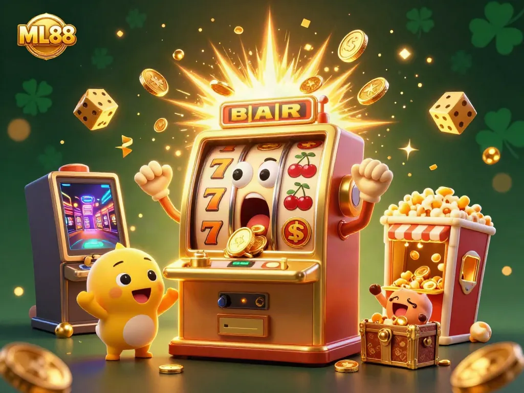 ML88 slot machine rejoices in winning while gold coins pour out, showcasing exciting online gaming elements.
