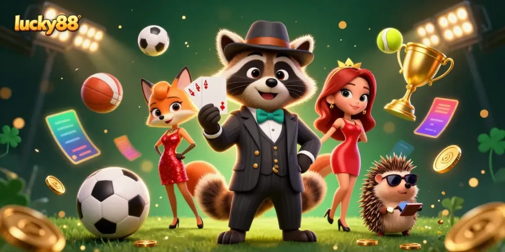Experience thrilling action at lucky88 with a suave raccoon and charming companions amidst dynamic sports betting elements.