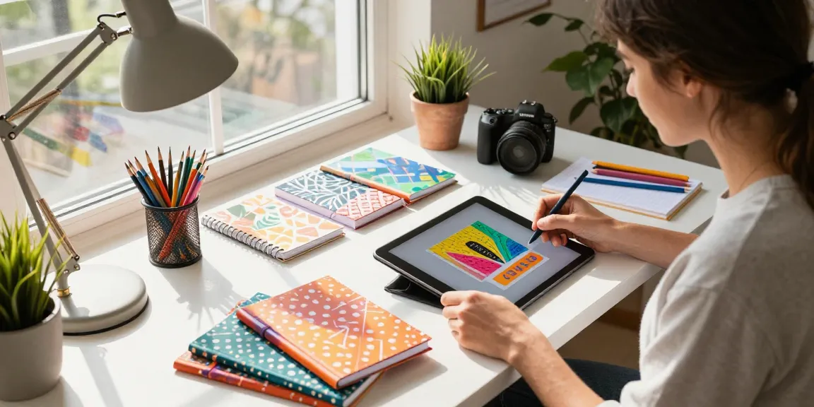 Creative professional designing custom printed notebooks in a vibrant home office with beautiful natural lighting.