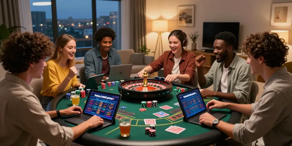 Friends enjoying a fun night of gaming with https://nbet.group/ on tablets and cards on the table.