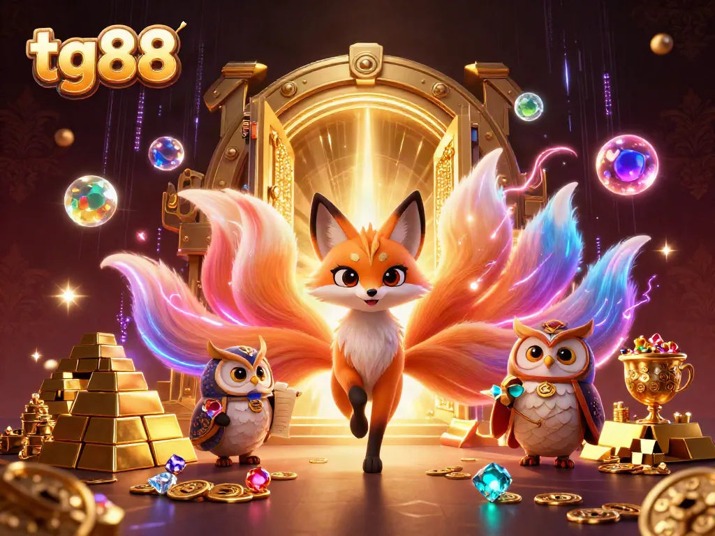 Experience thrilling gameplay at tg88 with a vibrant scene of a nine-tailed fox spirit and treasures.