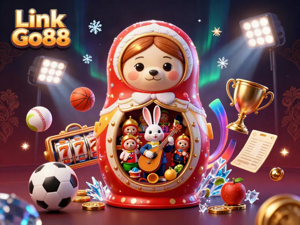 Experience excitement with Link Go88 in this vibrant casino illustration showcasing dynamic slot reels and sports elements.