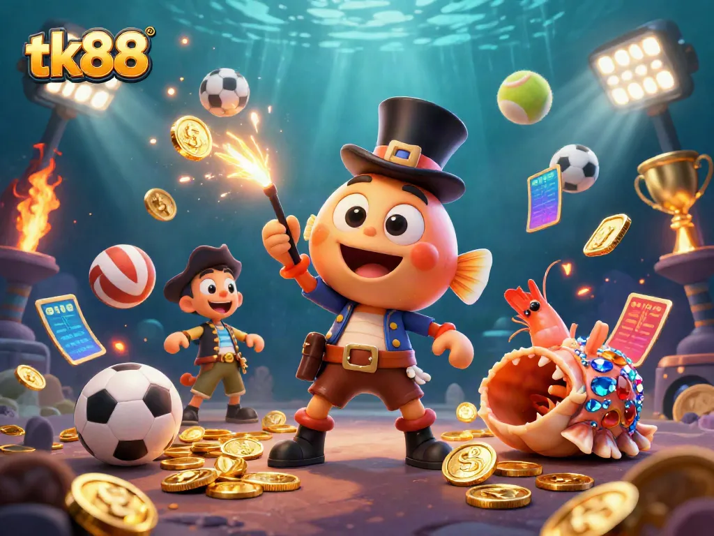 Experience thrilling gaming at tk88 with an underwater adventure featuring a glowing anglerfish and pirate shrimp.