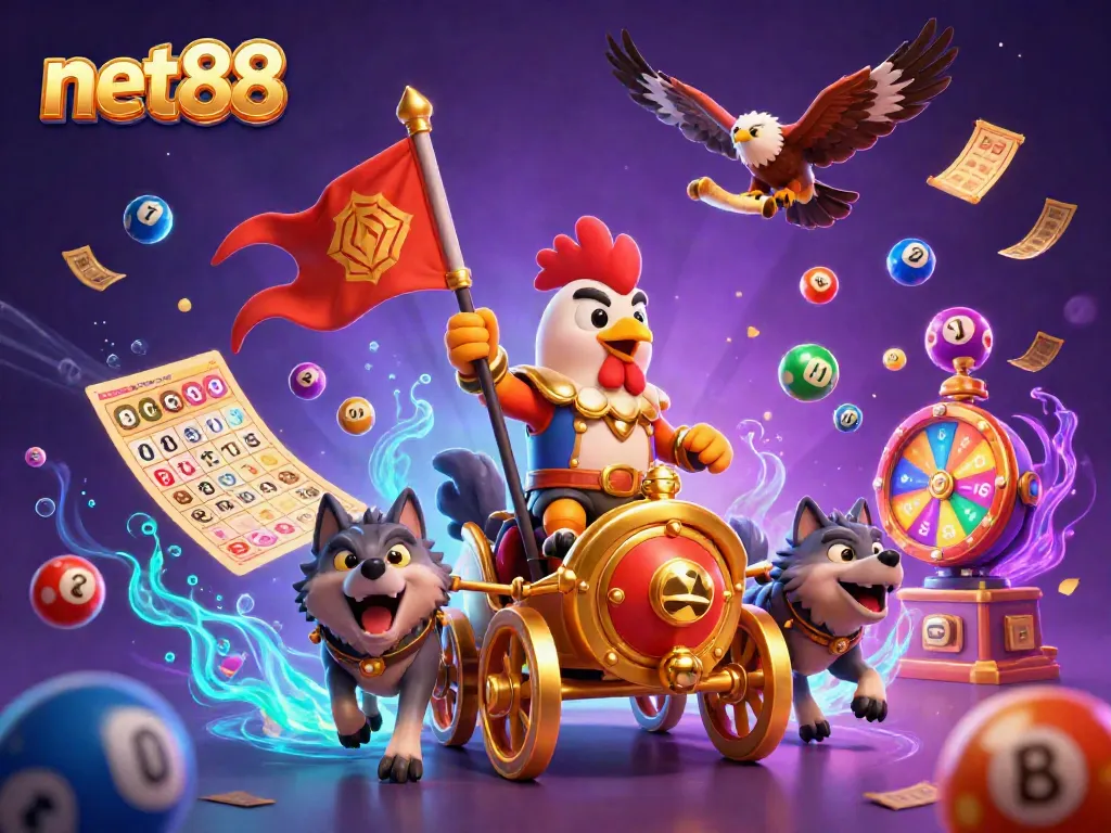 Experience thrilling gameplay at net88 with a dynamic illustration of a rooster warlord in action.
