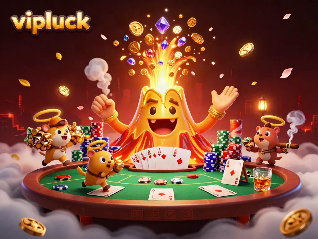 Experience thrilling wins at vipluck Casino featuring golden volcano and poker excitement.