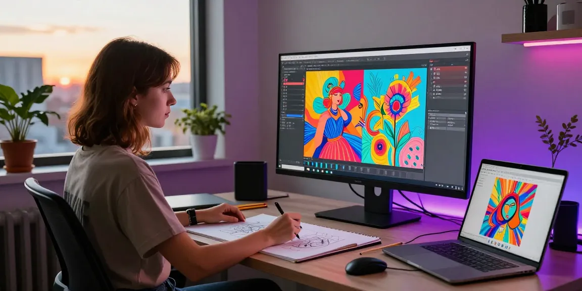 Vibrant art studio scene with an artist using an nsfw AI generator for digital artwork.