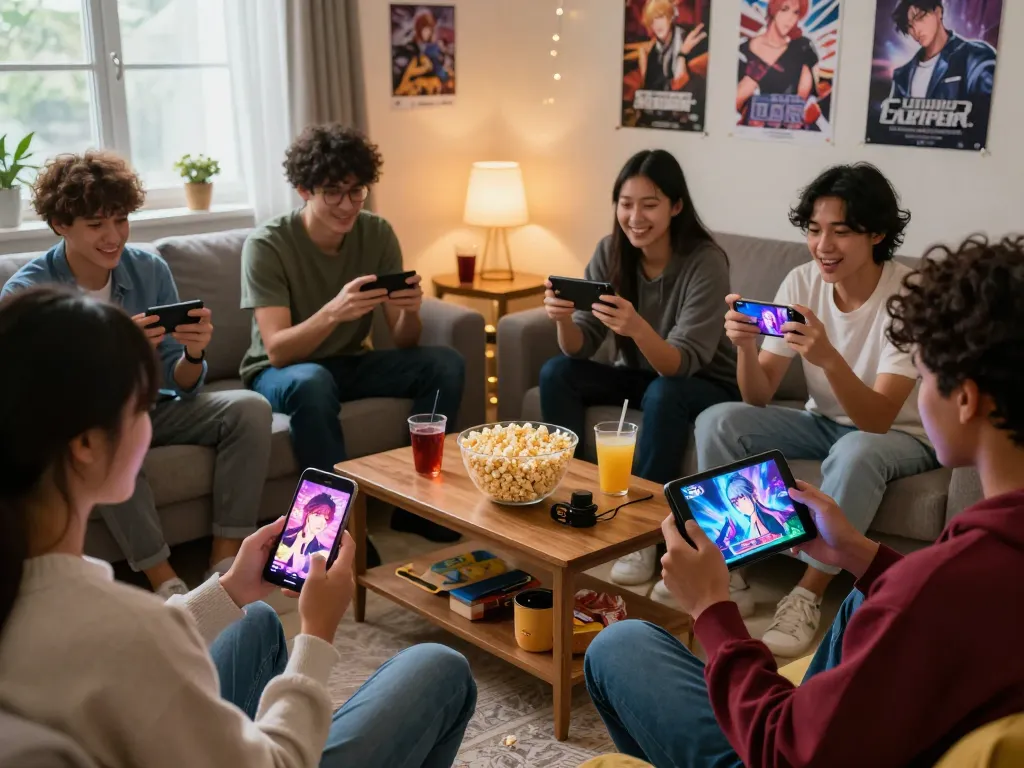 Friends playing free mobile porn games together in a cozy living room, sharing excitement and snacks.