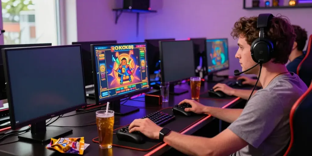 Player engaging with the ROKOK88 slot game in a vibrant gaming environment.