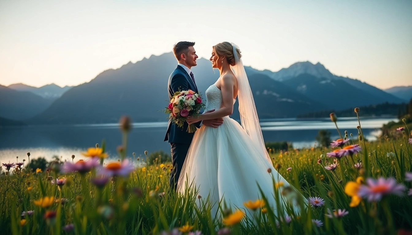 Hochzeitsfotograf Schliersee fängt ein Paar in liebevoller Umarmung mit traumhaftem Bergpanorama ein.