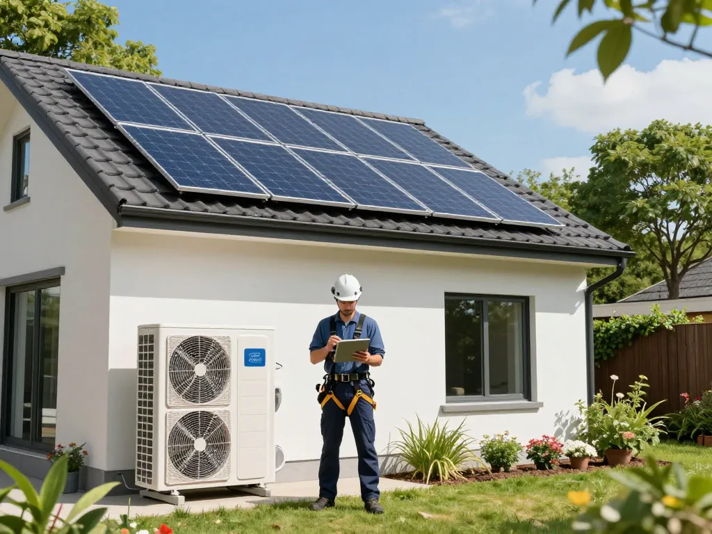 Techniker installiert Solarpanels in Bayern und zeigt die Photovoltaik Bayern Technologie mit Wärmepumpe in sonniger Umgebung.