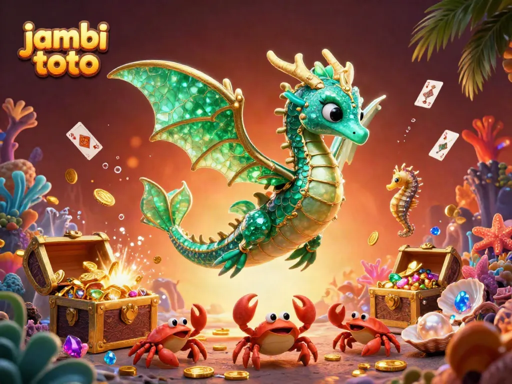 Engage in thrilling jambi toto gaming with our 3D sea dragon, royal seahorse, and treasure chest illustration.