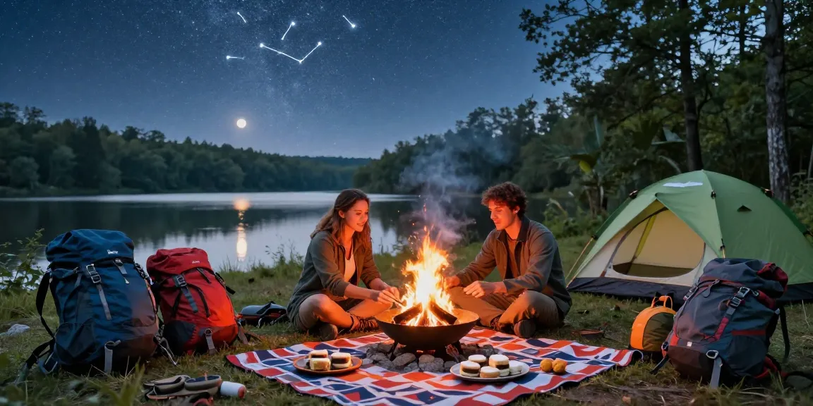 Couple camping and enjoying s'mores under the stars at https://www.fightandflight.com campsite.