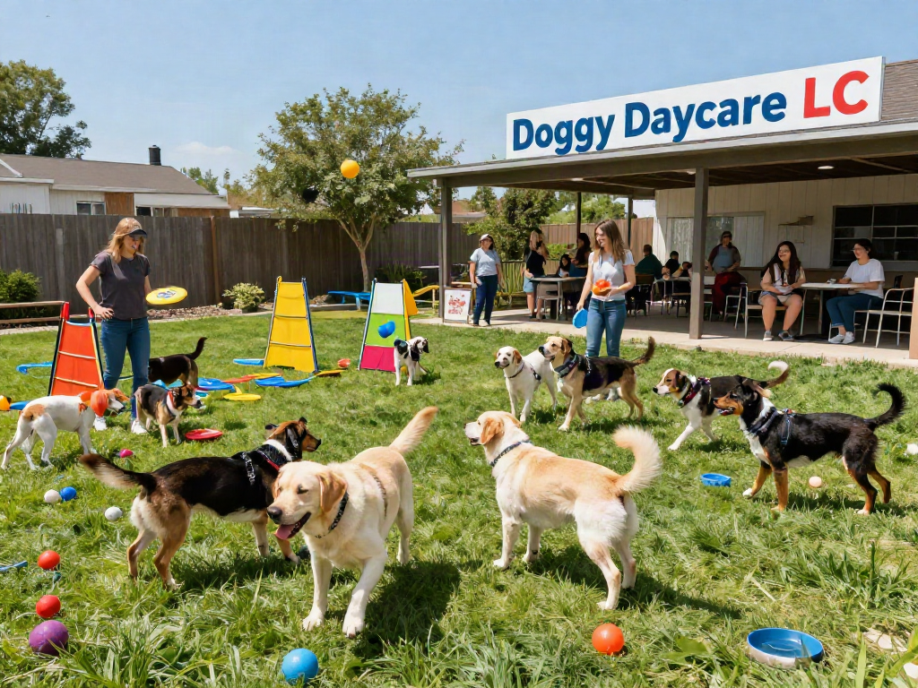 Dogs enjoying playtime at dog daycare LLC, highlighting the slot 10k activities in an engaging atmosphere.