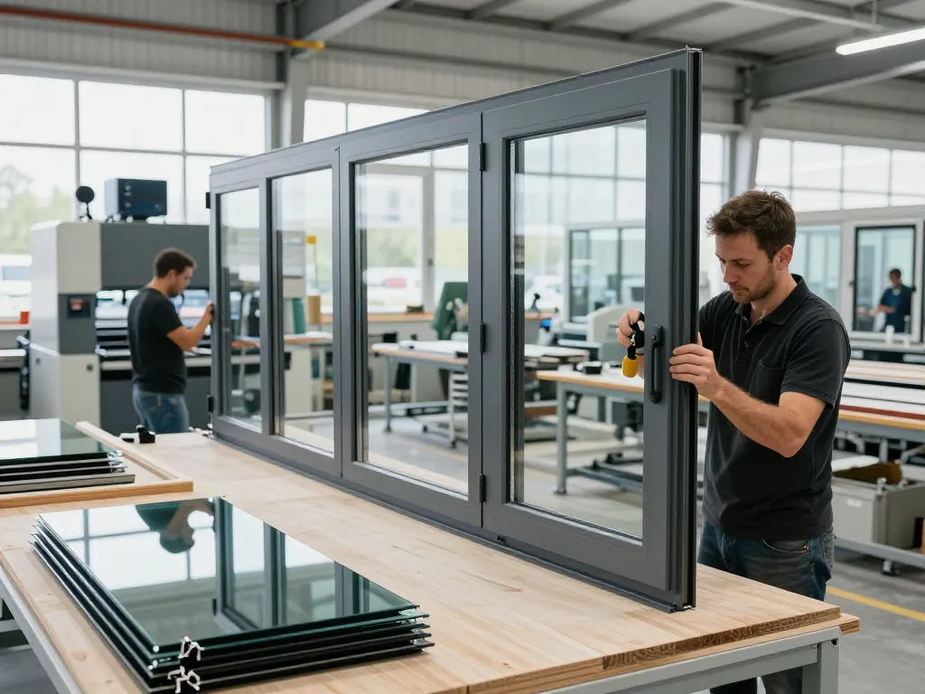 fensterbau Fensterfertigung mit qualifizierten Technikern, die moderne, energieeffiziente Fenster in einer hellen Werkstatt montieren