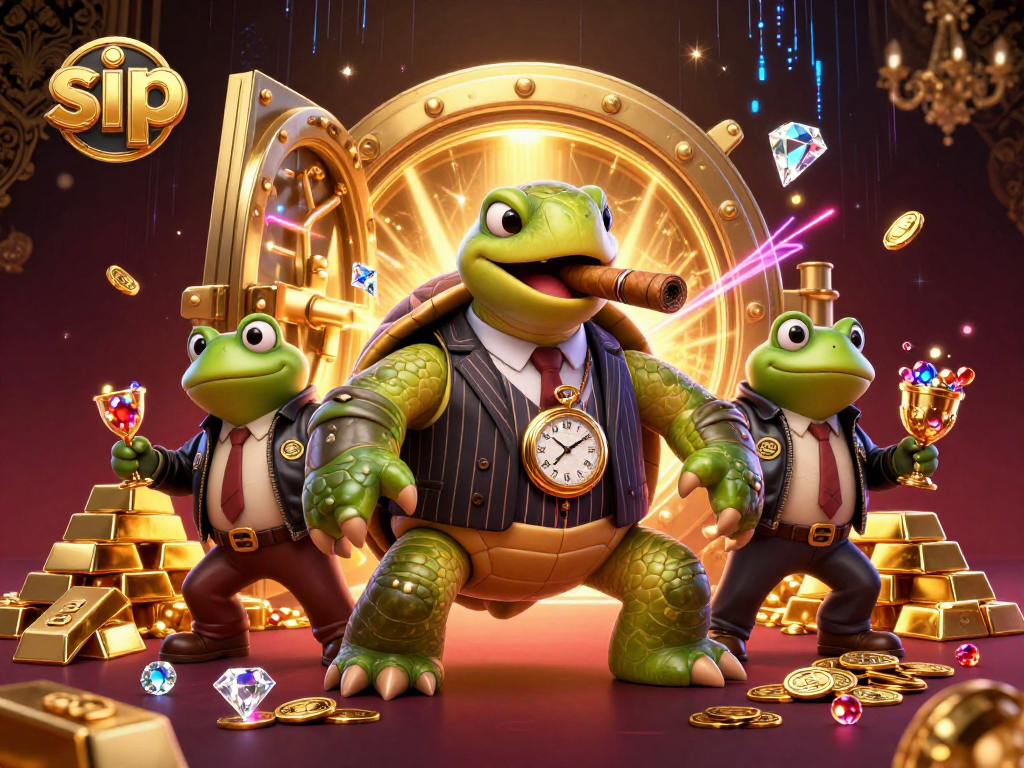 Sip into the casino excitement with a snapping turtle mobster surrounded by treasures and vibrant lights.