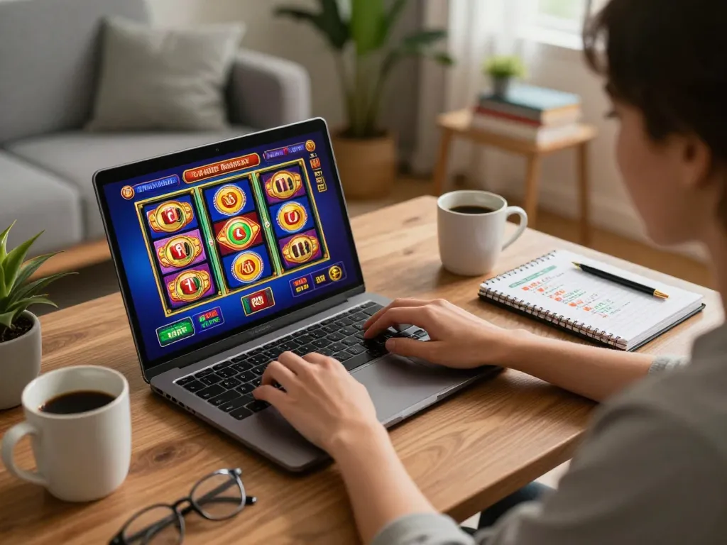 F168 player enjoying online slots at home while tracking bets and strategies.