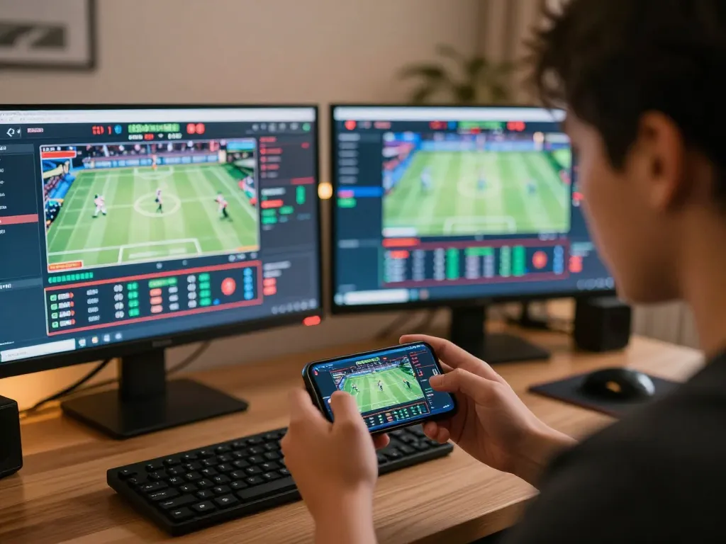 Engaged player using nhà cái TIP88 app for sports betting on smartphone among multiple screens