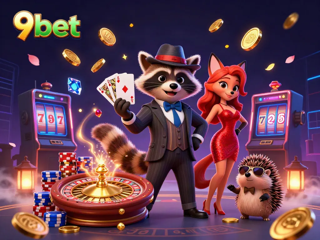 Win big with 9bet in a vibrant casino scene featuring 3D characters and sparkling game elements.