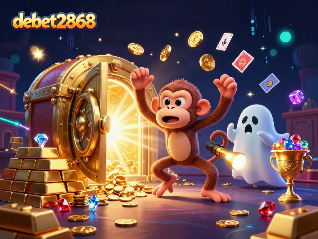 Experience the thrill of debet2868 with a playful poltergeist and a ghost-hunter puppy in a vibrant casino scene.